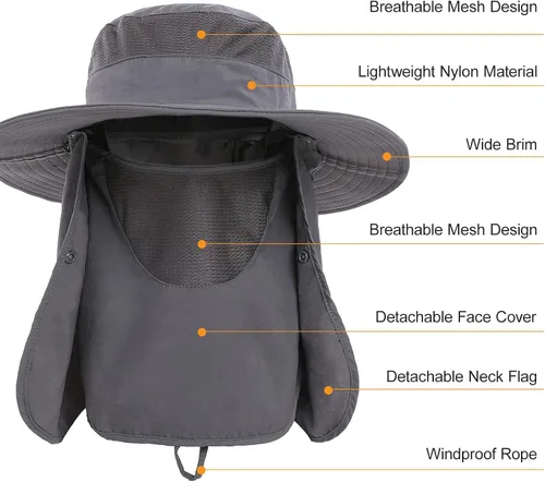 Vista 2 de Sombrero de pesca para hombres y mujeres, sombrero de ala ancha con solapa desmontable para el cuello y cubierta facial