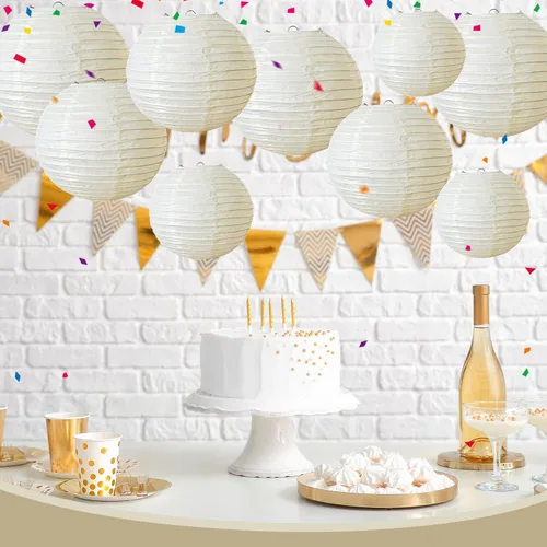 Vista 6 de Faroles de papel color crema, 9 linternas de papel redondas colgantes para boda, compromiso, cumpleaños, baby shower, despedida de soltera