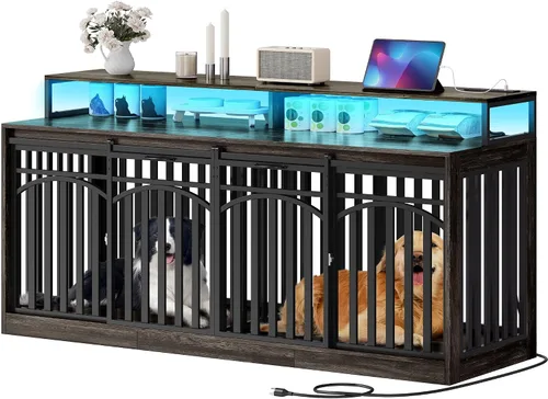 Vista 2 de DWVO 71" Double Dog Crate Furniture with LED Light & Power Outlets Soporte de TV doble resistente para perros con estantes y puertas correderas