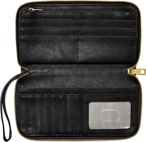 Vista 4 de Fossil Liza - Cartera de cuero con cremallera alrededor para mujer con correa retráctil para la muñeca, Negro