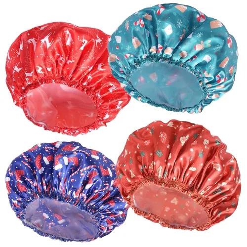 Vista 29 de 4 piezas de gorros de ducha para mujer, gorros de baño con estampado, gorro de ducha de doble capa reutilizable e impermeable, gorros de ducha