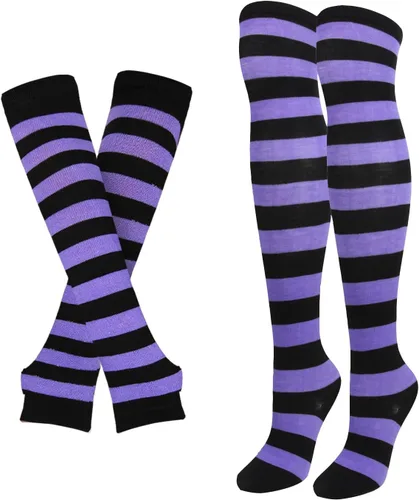 Vista 6 de Benefeet Sox Calcetines altos hasta el muslo a rayas para mujeres y niñas, calcetines altos por encima de la rodilla, calentador de piernas, brazos