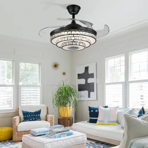 Vista 6 de Ventilador de techo inteligente tipo candelabro de 42 pulgadas con luz, ventilador de techo candelabro retráctil con altavoz Bluetooth y control