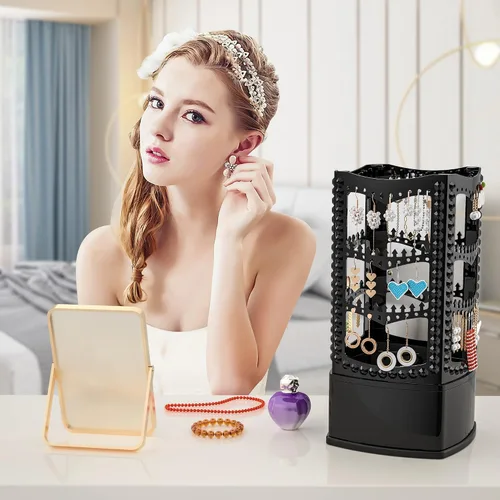 Vista 5 de Famitree Soporte giratorio de 360 grados y organizador de joyas, soporte clásico de 4 niveles, 156 agujeros y 160 ranuras para collares, aretes