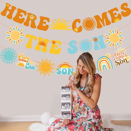 Vista 9 de Cartel para baby shower con texto en inglés «Here Comes The Son» «Here Comes The Sun», decoración para baby shower, 3 piezas, decoración de fiesta