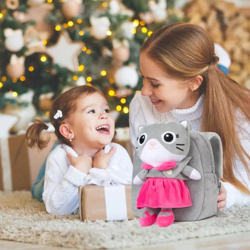 Vista 6 de HONGTEYA Mochila de felpa suave para niños pequeños, Gris, Muñeca de gato