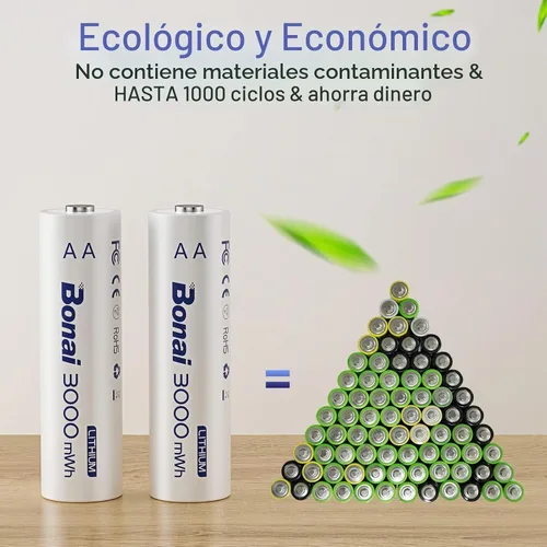 Vista 5 de BONAI Baterías recargables AA de litio con cargador, 3000 mWh 1.5 V pilas AA para cámara Blink 8 unidades con carga rápida de 2 horas, color azul