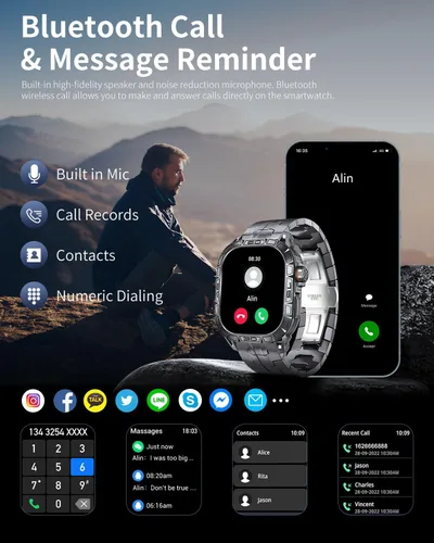 Vista 3 de Reloj inteligente militar para hombre (respuesta/hacer llamadas), reloj inteligente AMOLED de 1.96 pulgadas para exteriores con brújula/frecuencia