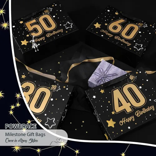 Vista 4 de Powbrace Bolsa de regalo de cumpleaños número 30 negra de 13 pulgadas con papel de seda y tarjeta de felicitación para fiestas, bolsa de regalo