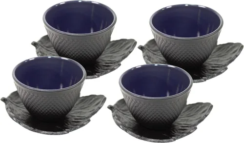 Vista 3 de Juego de tazas de té japonesas de hierro fundido con lunares negros con platillos de taza de té ~ We Pay Your Sales Tax (1 taza + 1 platillo)