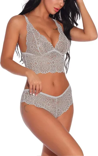 Vista 2 de Lziizl - Conjunto sexy de bralette y bragas de encaje para mujer 2 piezas talla S-XXL