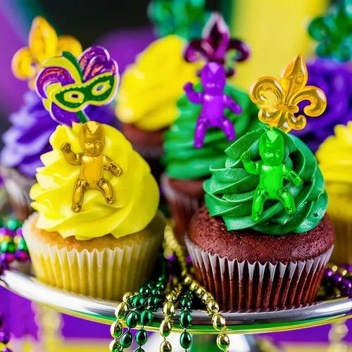 Vista 3 de King Cake Babies, 30 piezas de 1.2 pulgadas Mardi Gras mini bebés de plástico metálico dorado morado verde bebé para decoración de pasteles rey