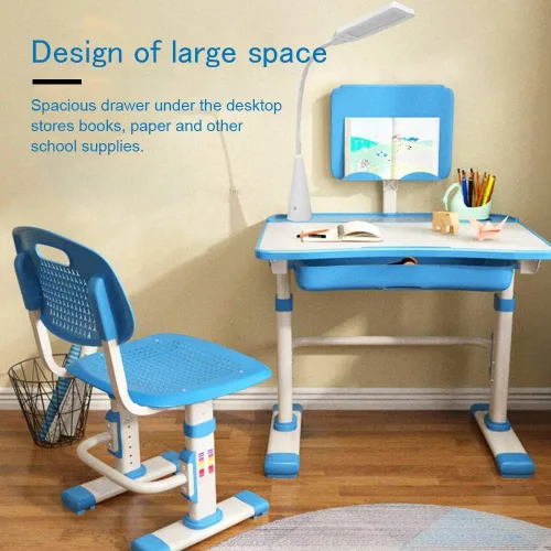 Vista 4 de LVYUAN Juego de escritorio y silla para niños, altura ajustable, lámpara Azul