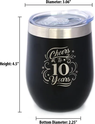 Vista 4 de Cheers to 10 Years - Vaso de vino con tapa deslizante - Taza aislada de acero inoxidable - Regalo para 10 aniversario - Negro