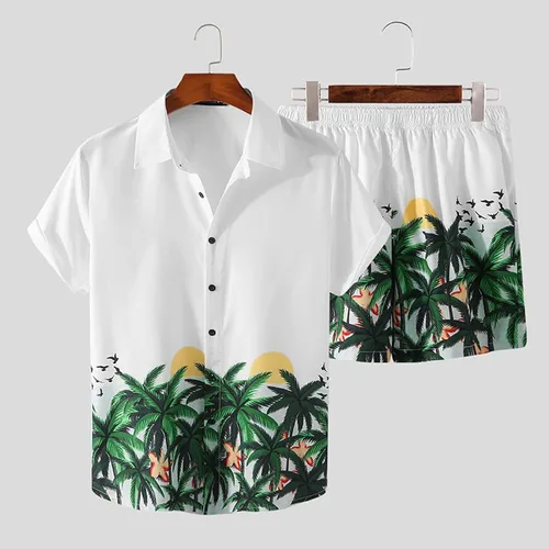 Vista 3 de Conjunto de 2 piezas para hombre con estilo casual hawaiano para verano, camisetas sin mangas, camisetas de playa y juegos de fotos con bolsillos