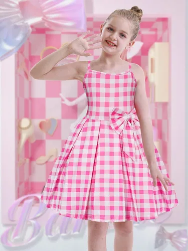 Vista 3 de Eledobby Pink Dress for Girls Princess Costume Pink Outfits Halloween Dress Up Birthday Party Sleeveless Plaid Dresses