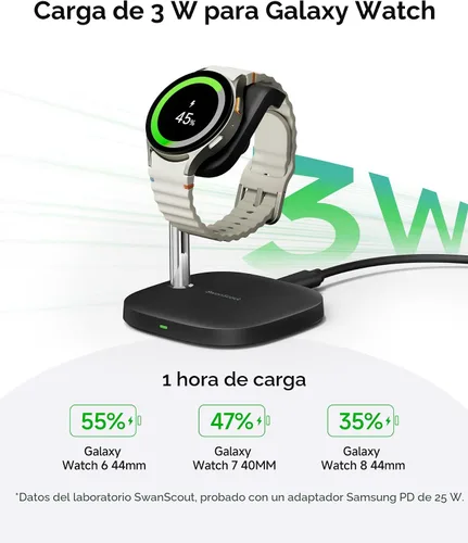 Vista 2 de Base de carga SwanScout para Samsung Galaxy Watch 8/8 Classic/Ultra (2025)/7/Ultra/FE/6/6 Classic/5/5 Pro/4/3/Active 2/Active, SwanScout 505S