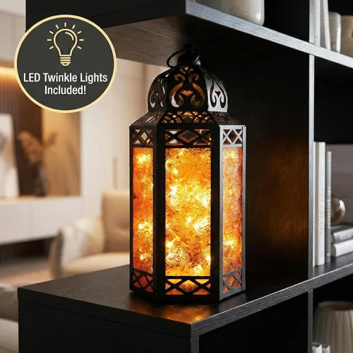 Vista 3 de VELA LANTERNS Juego de 2 portavelas decorativos de LED con luces de hadas de 12" de metal marroquí para colgar o mesa, decoración del hogar