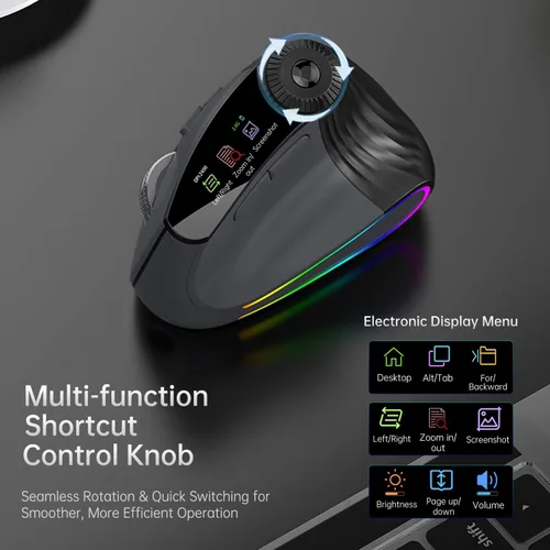 Vista 5 de Ratón inalámbrico ergonómico, mouse silencioso vertical Bluetooth con pantalla LED y control de perilla, recargable, 4800 DPI, desplazamiento