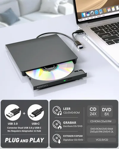 Vista 3 de ROOFULL - Unidad externa de CD y DVD para portátil USB 3.0 Tipo-C, ultra delgada