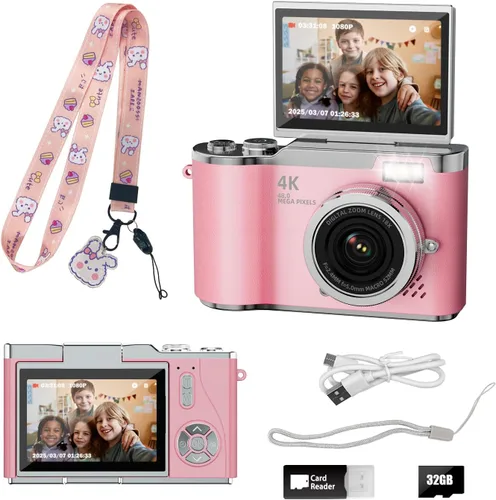 Vista 9 de Cámara para niños, cámara digital 4K para fotografía, cámara de video selfie HD 1080P de 48MP, con pantalla giratoria de 180° y flash, con tarjeta