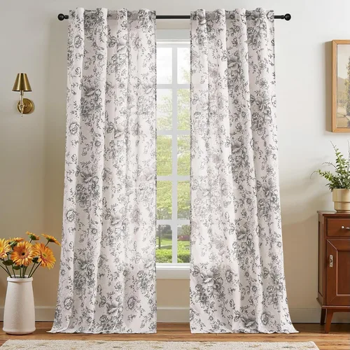 Vista 51 de Jinchan Cortinas de Mezcla de Lino con Estampado Floral para Sala de Estar, 84 Pulgadas de Largo, Cortinas con Bolsillo para Varilla y Tab Trasera