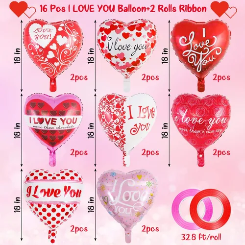 Vista 2 de Globos de San Valentín de corazón rojo, 16 globos de aluminio con texto en inglés "I Love You", globos Myalr para San Valentín, noche