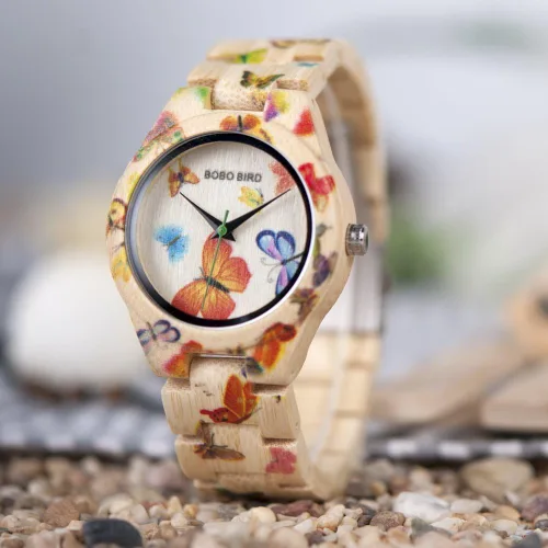Vista 3 de BOBO BIRD Reloj de bambú para mujer, diseño de mariposa, hecho a mano, hecho a mano