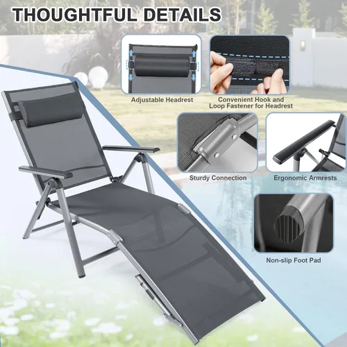 Vista 6 de HAPPYGRILL Sillón de aluminio para patio con respaldo ajustable de 8 posiciones, reposapiés de 2 posiciones, cómodo reposacabezas, silla reclinable