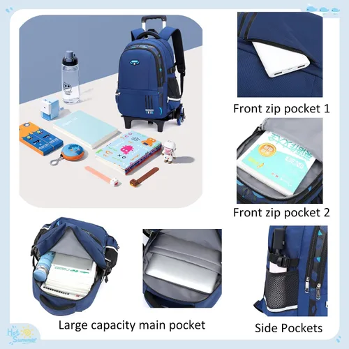 Vista 6 de Mochila con ruedas elementales de color sólido, estampado de camuflaje para niños, Azul, Mochilas Daypack