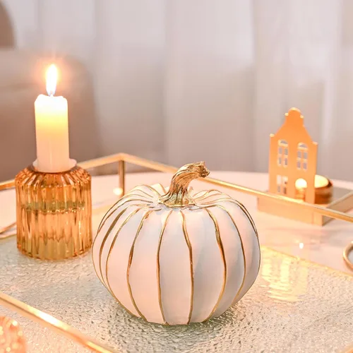 Vista 8 de FESTGLOX Decoración de calabaza de otoño, 2 figuras de calabaza falsas de resina de Acción de Gracias, calabazas blancas y doradas para decoración
