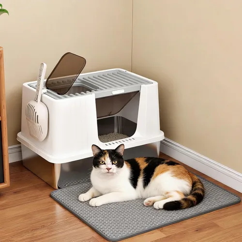Vista 11 de Oneluck Caja de arena tipo cúpula, cajón tipo inodoro grande XL para gatos, cubierto a prueba de perros, con cuchara, alfombra, para control