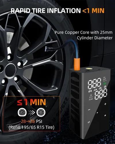 Vista 5 de Inflador de Neumáticos Compresor de Aire Portátil, Bomba de Aire Eléctrica Inalámbrica 4 Veces Más Rápida para Neumáticos de Coche con Medidor