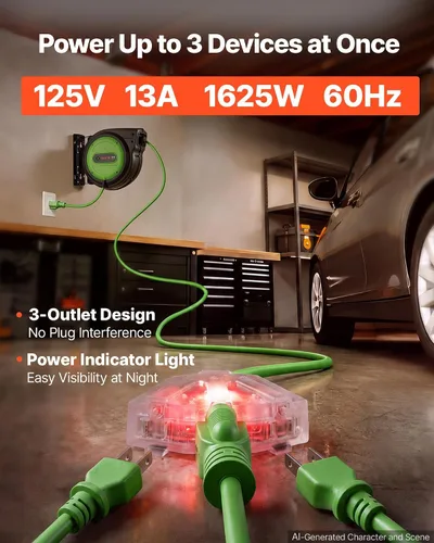 Vista 35 de VEVOR Carrete de cable de extensión retráctil de 25 pies resistente 14AWG Rojo