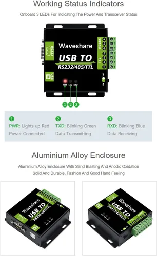 Vista 7 de Waveshare CH343G USB a RS232/485/TTL Interfaz Industrial Aislado Convertidor Protección Circuitos y Carcasa de Aleación de Aluminio para Equipos