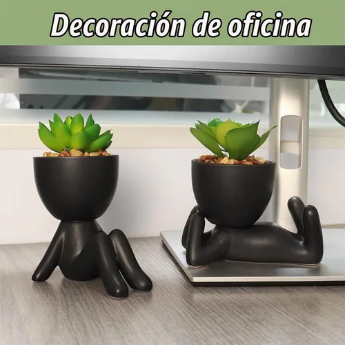 Vista 2 de Zerzsy 3 plantas suculentas artificiales con macetas creativas de cerámica en forma de humano, mini plantas en maceta, plantas falsas de baño Negro
