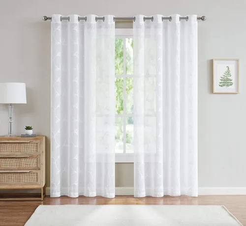 Vista 8 de Cortinas LinenZone de piso a techo para ventanas extra anchas. Cortinas transparentes blancas para divisores de habitación con bordado de hojas rosa