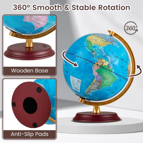 Vista 5 de Goplus Globo del mundo iluminado de 8 pulgadas, lámpara de globo iluminado de noche con soporte de madera y mapa HD para adultos, oficina en casa