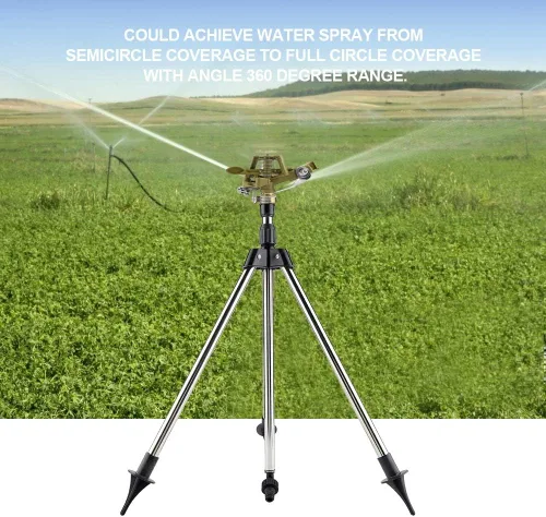 Vista 2 de Aspersor automático de impacto en base de trípode, rociador de césped giratorio de 360 grados, sistema de riego de jardín ajustable de acero