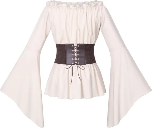Vista 4 de Conjunto de blusa estilo renacentista victoriana campesina con volantes y cintura fruncida estilo bohemio pirata con cinturón