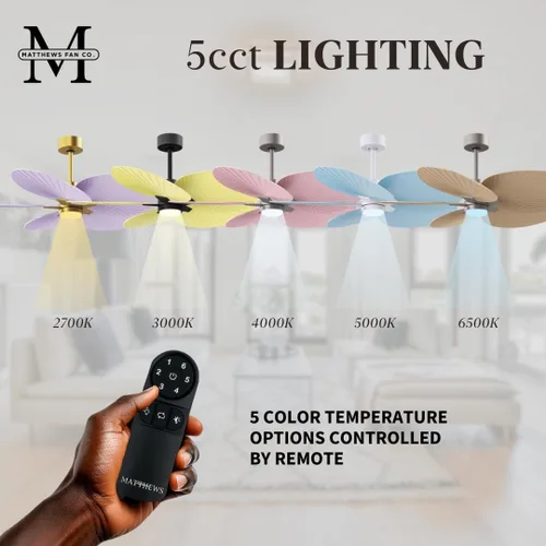 Vista 4 de Matthews AKTPLK-MWH-MWH Alessandra Tropical Wet Rated 48" Outdoor Ceiling Fan with Light and Remote, Silent DC Motor, 3 Palm Leaf ABS Blades, Matte