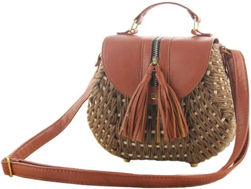 Vista 3 de TONWHAR Retro Beach Bag with Tassels Hand-woven Straw Purse