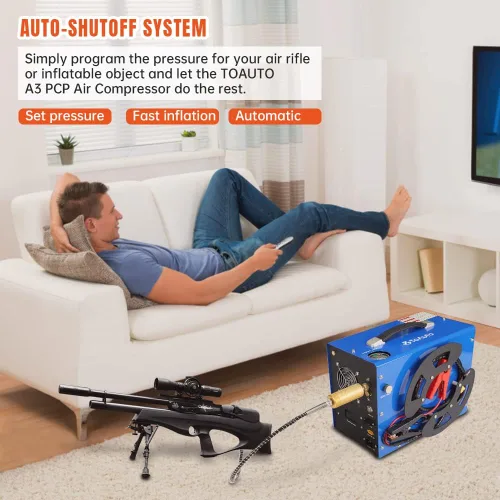 Vista 5 de TOAUTO - Compresor de aire PCP A3, diseño único vertical+carrete de alambre, parada automática, sin aceite/agua, 4500Psi/30Mpa, conector rápido