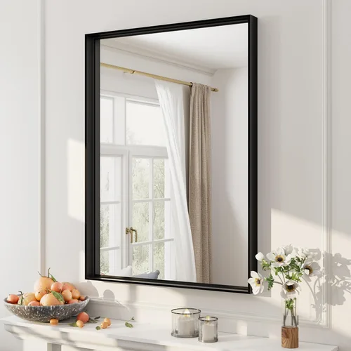 Vista 102 de Paquete de 2 espejos de baño con marco de metal negro de 22 x 30 pulgadas, espejo rectangular redondeado negro mate, antioxidante, se cuelga