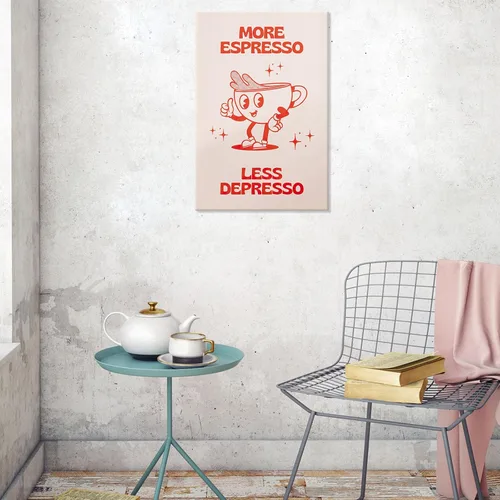 Vista 6 de Póster retro con texto en inglés «More Espresso Less Depresso», bonita taza de café de dibujos animados, citas rojas, arte de pared, divertido