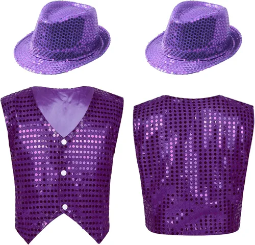 Vista 5 de easyforever Chaleco de baile callejero hip-hop con lentejuelas para niños y niñas, chaleco con sombrero, disfraz de fiesta de rendimiento