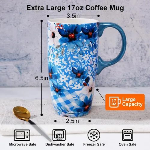 Vista 2 de Topadorn Taza de Cerámica para Café de Porcelana Latte Taza de Té con Tapa en Caja de Regalo 17oz, Flores Azules