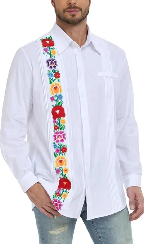 Vista 6 de YZXDORWJ Camisas mexicanas para hombre, camisa de guayabera cubana, casual, manga larga, bordada, de lino, para verano, playa