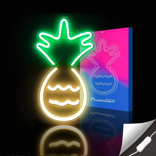 Vista 2 de Lumoonosity Luz de neón de piña, letreros de neón amarillos y verdes para dormitorio, decoraciones de pared, luz nocturna LED de piña
