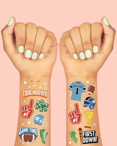 Vista 3 de xo, Fetti Tatuajes temporales de fútbol – 60 estilos de aluminio Fiesta de cumpleaños deportiva, suministros de fiesta de equipo de touchdown